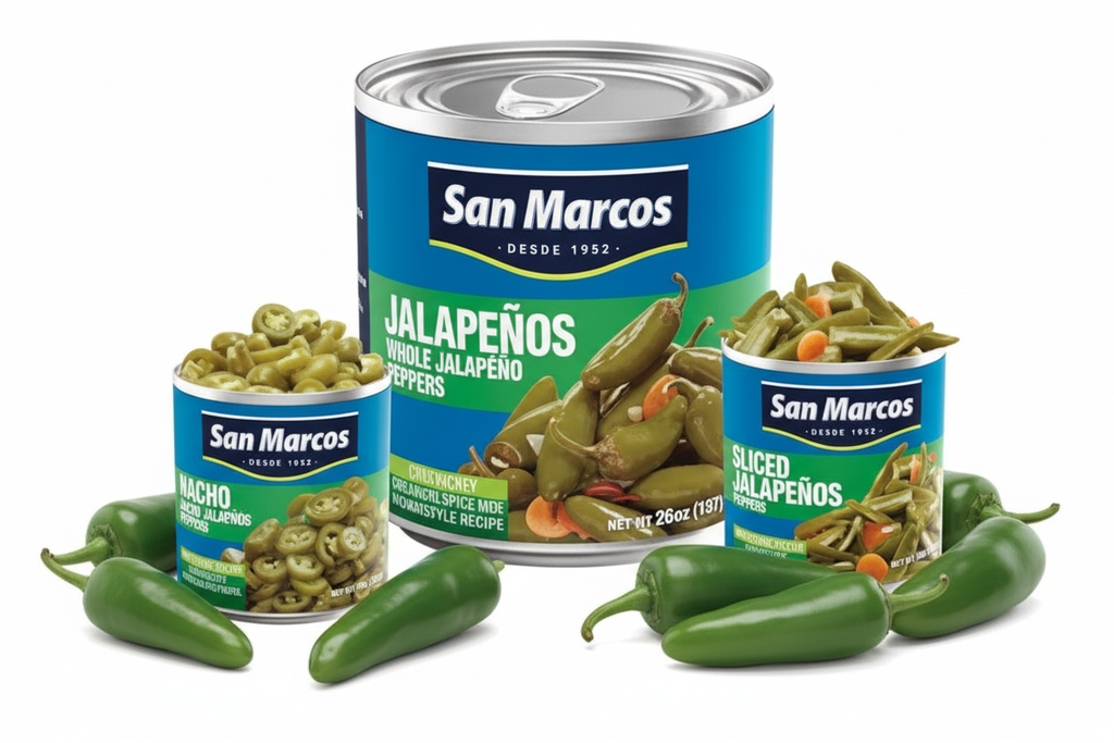 San Marcos Jalapeños Product Family Three Can Lineup Nacho Sliced and Whole Varieties Fresh Green Jalapeños