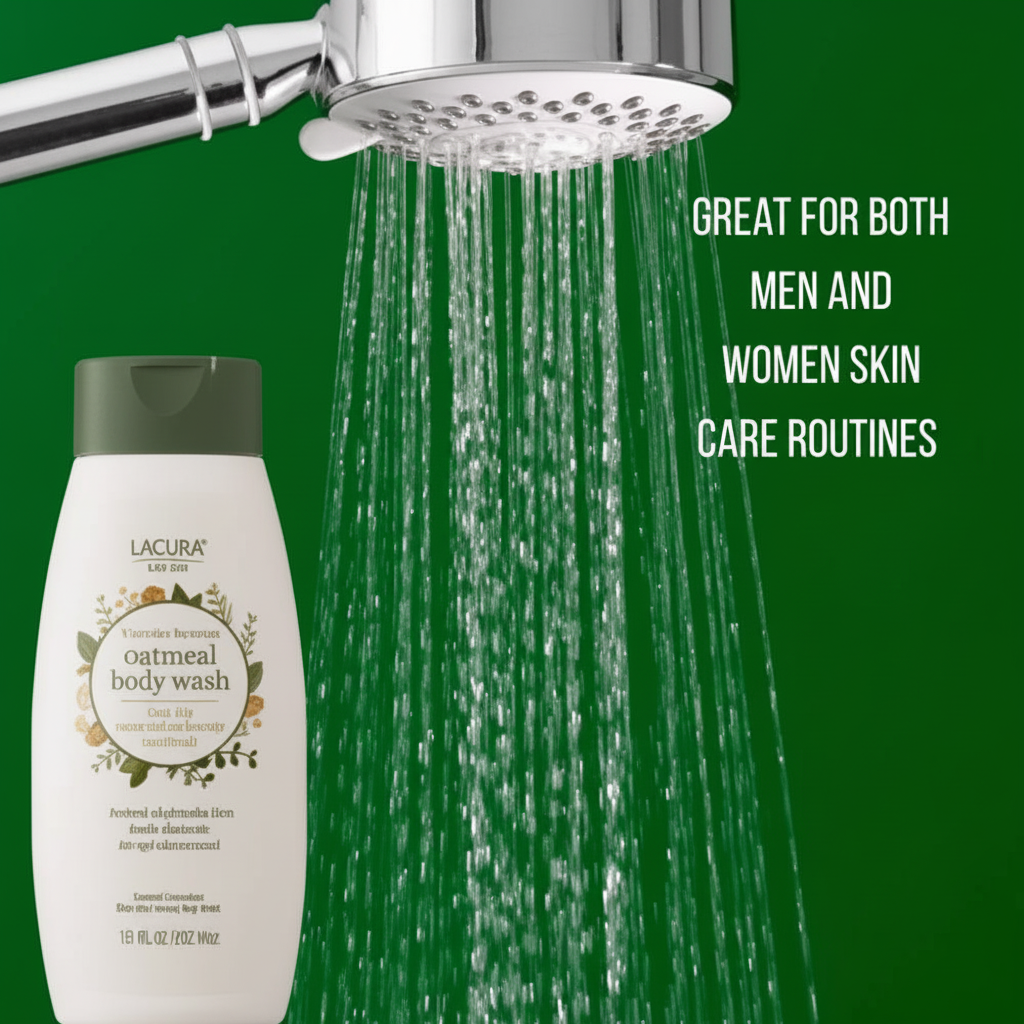Lacura Oatmeal Body Wash lifestyle shot with shower - great for men and women