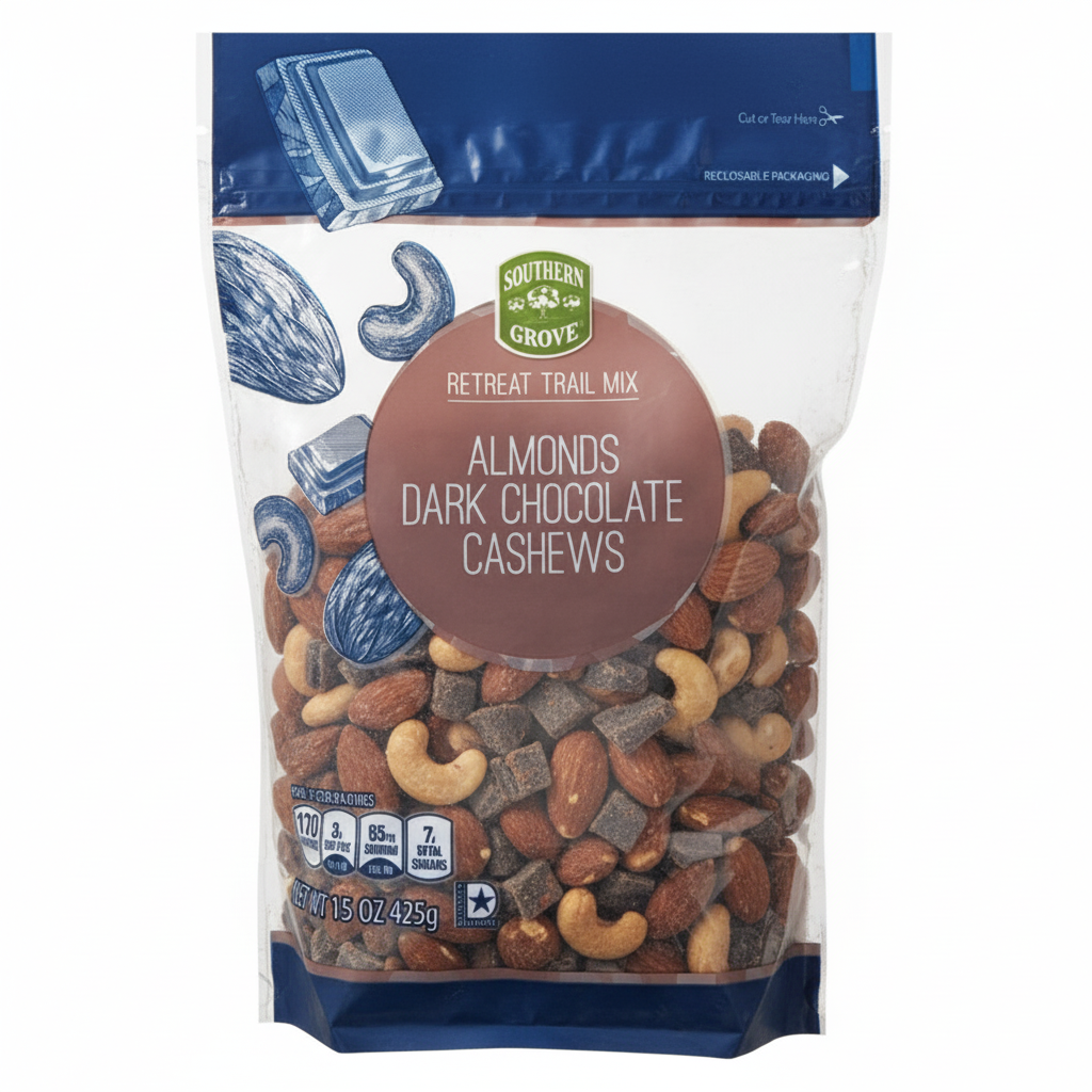 Southern Grove Retreat Trail Mix Almonds Dark Chocolate Cashews 15oz - Front Bag