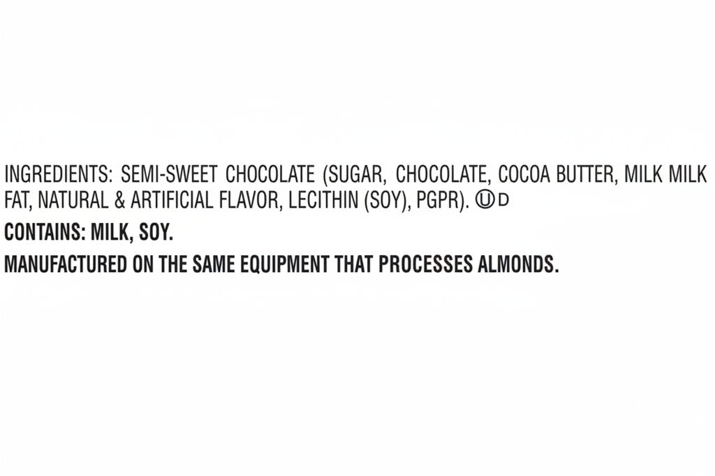 Cadbury Royal Dark ingredients semi-sweet chocolate sugar cocoa butter milk fat natural artificial flavor lecithin soy PGPR contains milk soy manufactured on same equipment as almonds