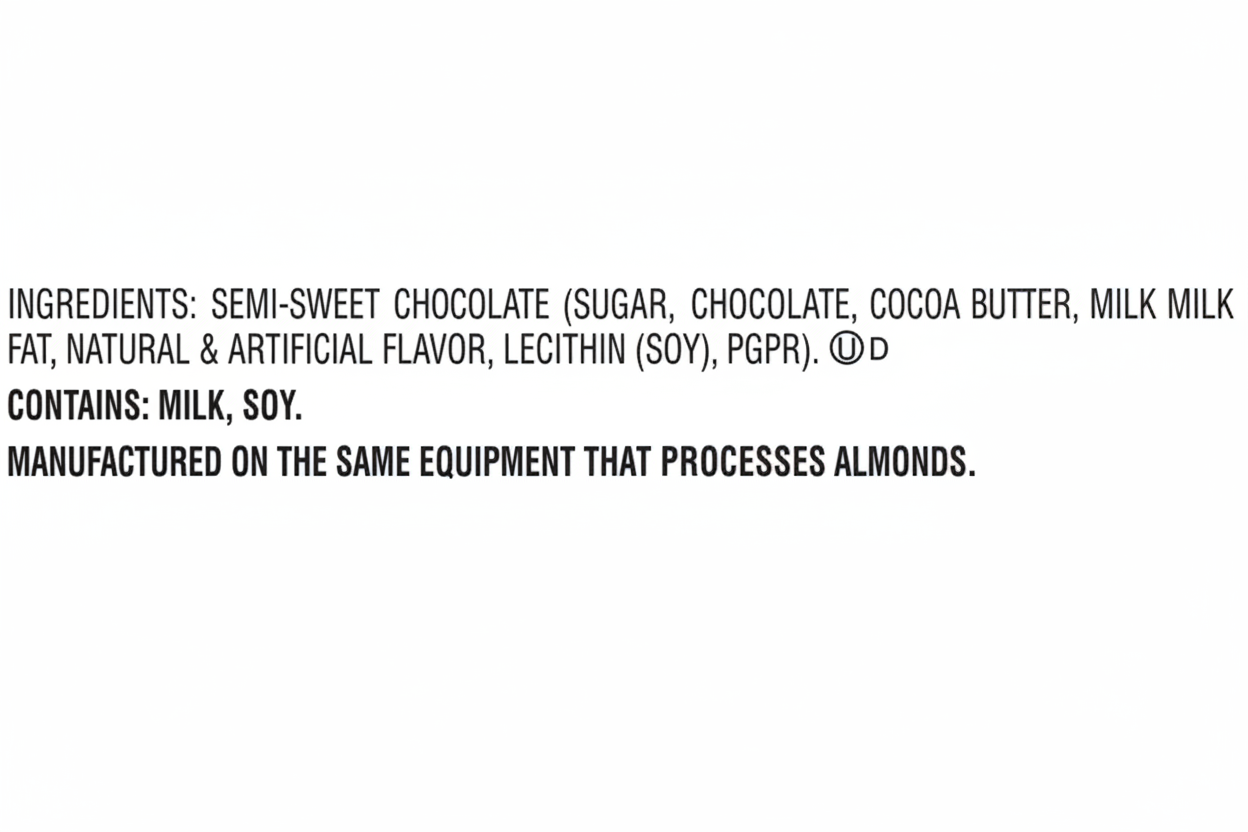 Cadbury Royal Dark ingredients semi-sweet chocolate sugar cocoa butter milk fat natural artificial flavor lecithin soy PGPR contains milk soy manufactured on same equipment as almonds