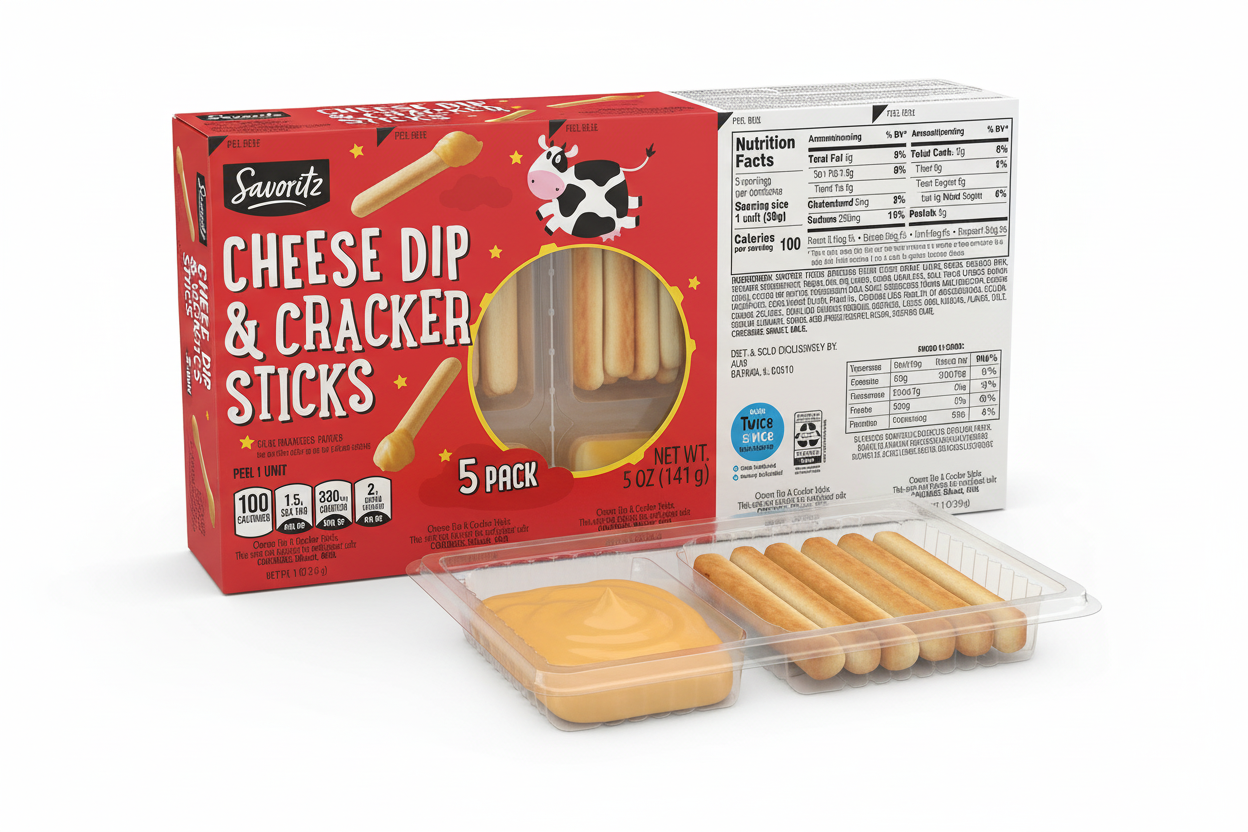 Savoritz Cheese Dip and Cracker Sticks full box with nutrition facts