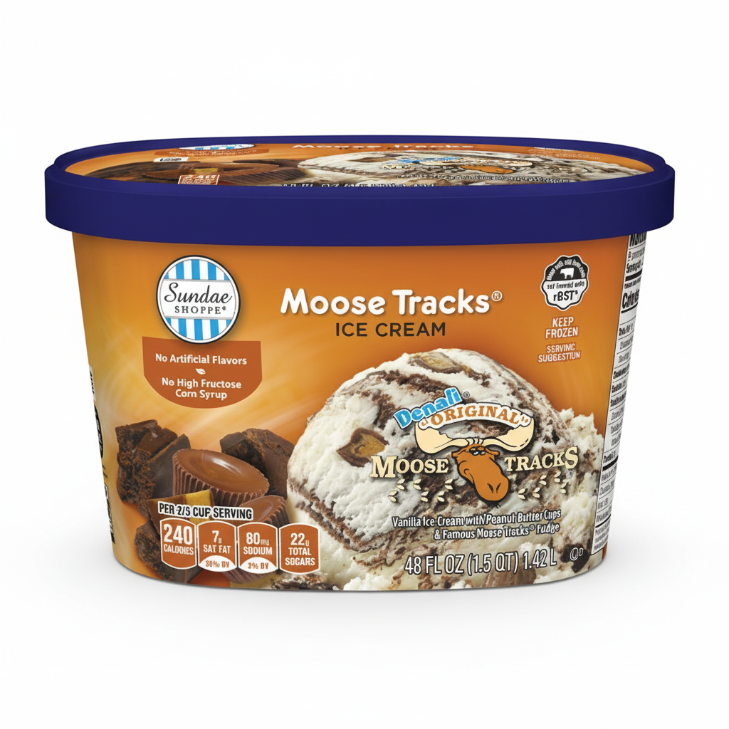 Sundae Shoppe Moose Tracks Ice Cream 48 fl oz tub with peanut butter cups and fudge