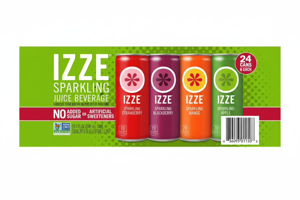IZZE Sparkling Juice Beverage variety pack 24 cans 6 each Strawberry Blackberry Mango Apple 8.4 fl oz no added sugar