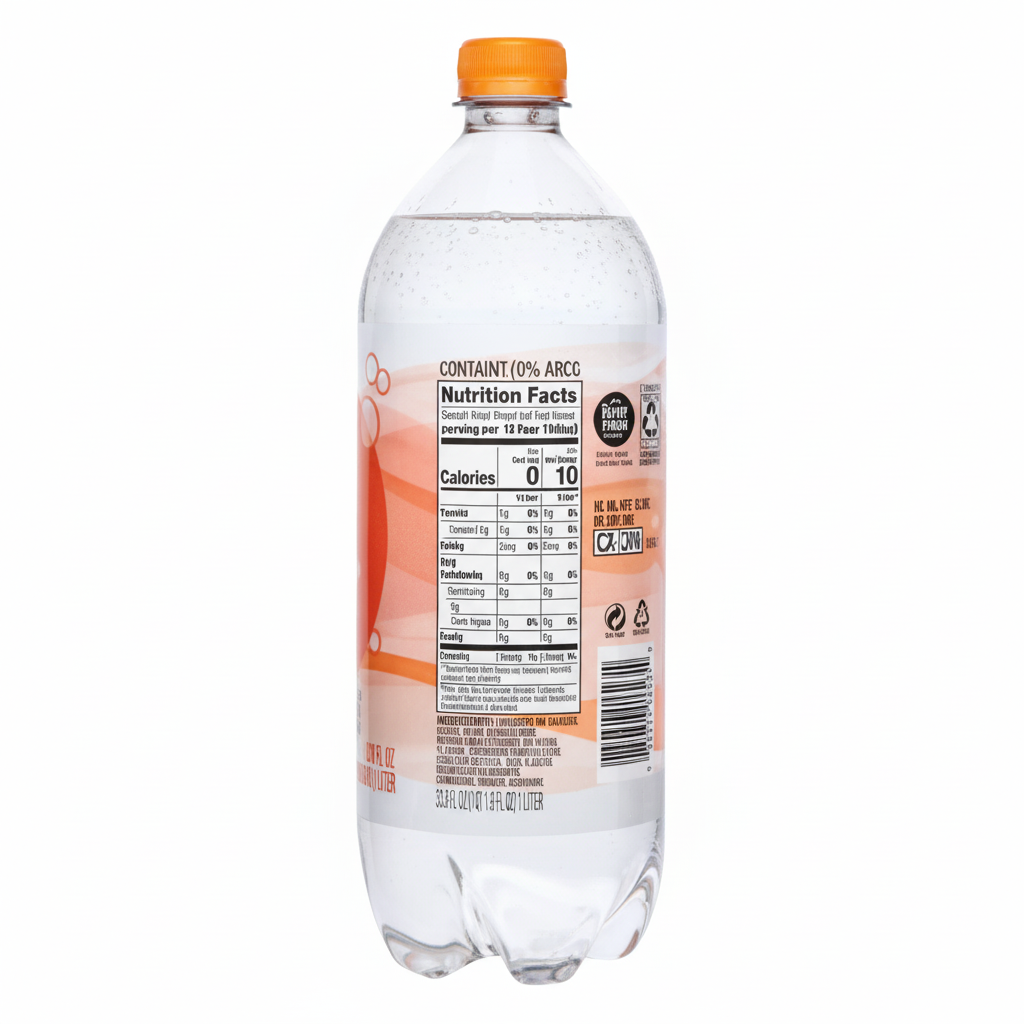 PurAqua Juicy Peach Sparkling Flavored Water 33.8 fl oz bottle back label with nutrition facts