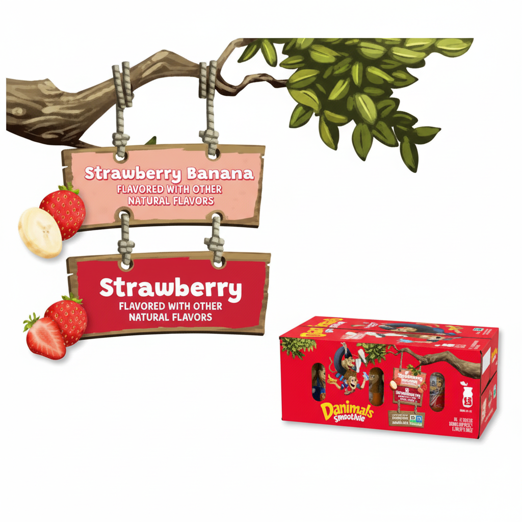 Danimals Smoothie variety pack display with Strawberry Banana and Strawberry flavor signs in jungle setting