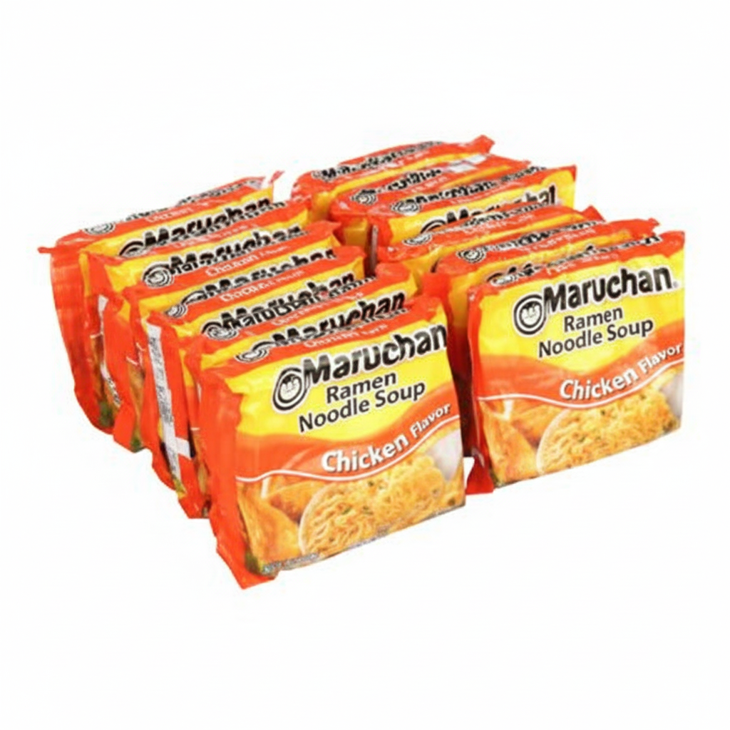 Maruchan Ramen Noodle Soup Chicken Flavor 12 individual orange packets 3 oz each arranged in rows