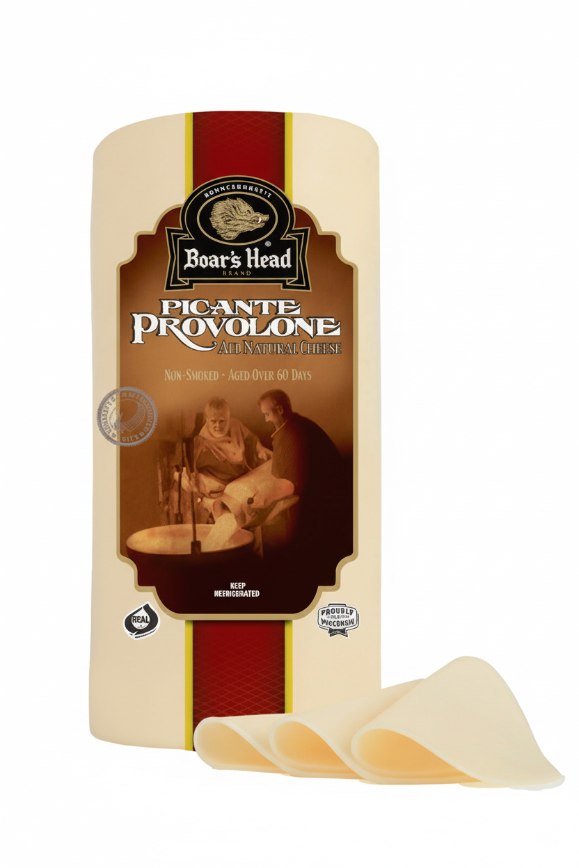 Boar's Head Picante Provolone Aged Natural Cheese log with slices