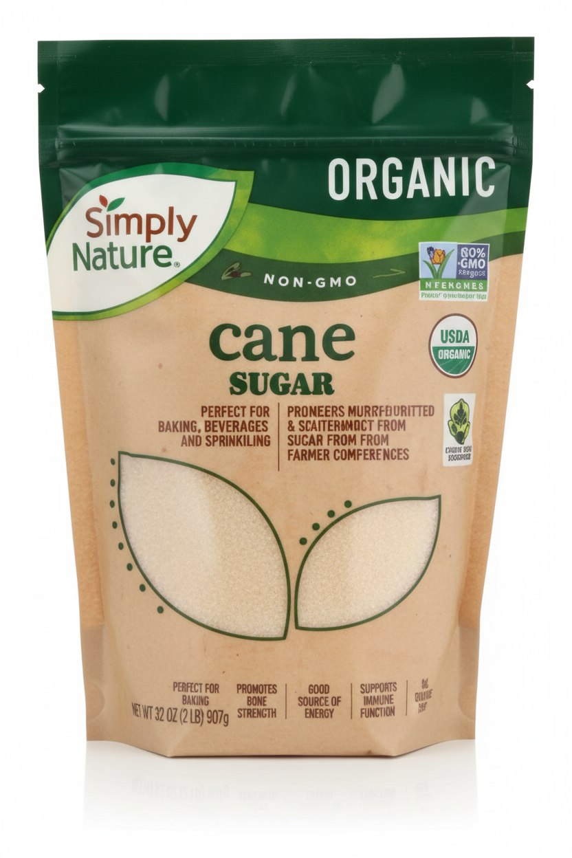 Simply Nature Organic Cane Sugar 32 oz Resealable Bag Front USDA Organic Non-GMO Gluten Free