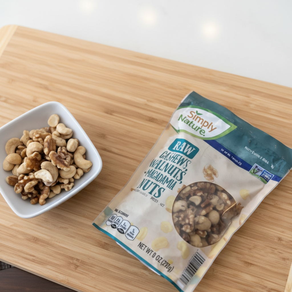 Simply Nature Raw Cashews Walnuts and Macadamia Nuts - Lifestyle Wooden Board with Bowl