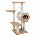 Heart to Tail 44-inch modern wooden cat activity tower with hexagonal condo, sisal posts, and dangling toys
