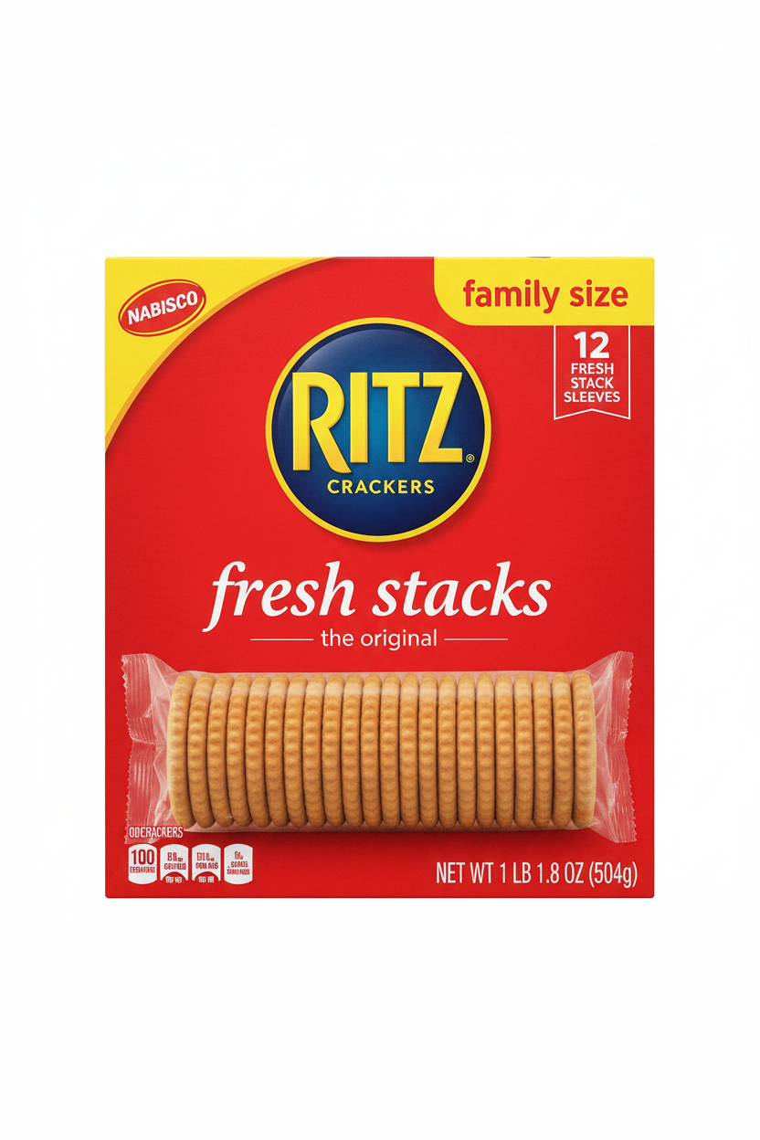 Nabisco Ritz Fresh Stacks Family Size 1 lb 1.8 oz box front with 12 fresh stack sleeves