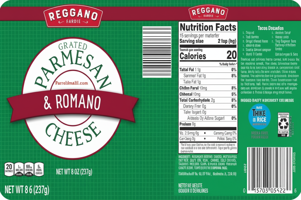 Reggano Grated Parmesan & Romano Cheese Label with Nutrition Facts