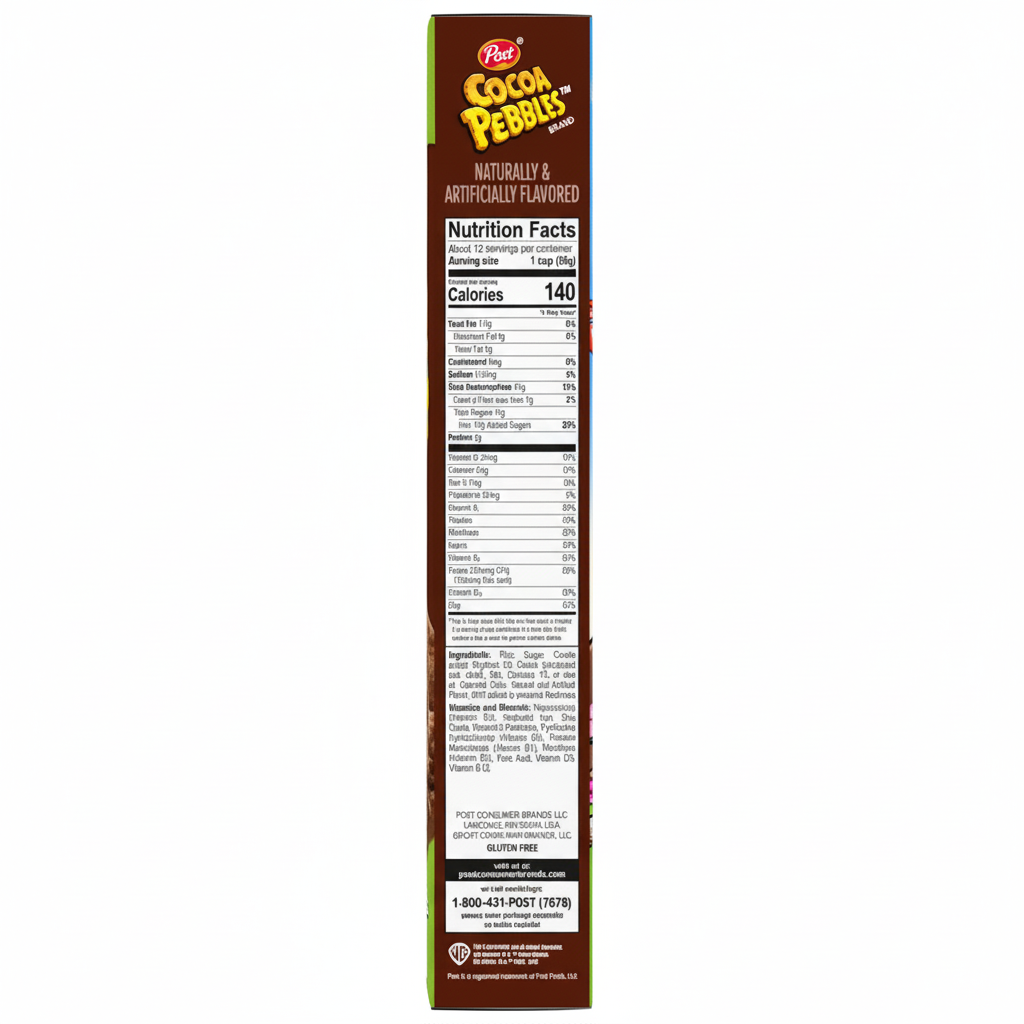 Post Cocoa Pebbles Cereal 15oz box back panel with nutrition facts and ingredients