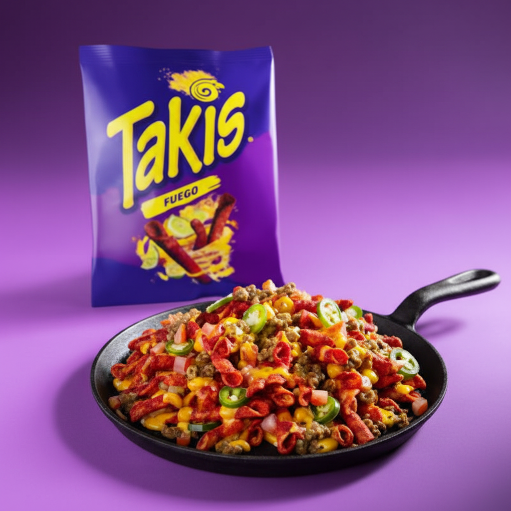Takis Fuego rolled chips as spicy topping over street corn skillet with Takis bag in background