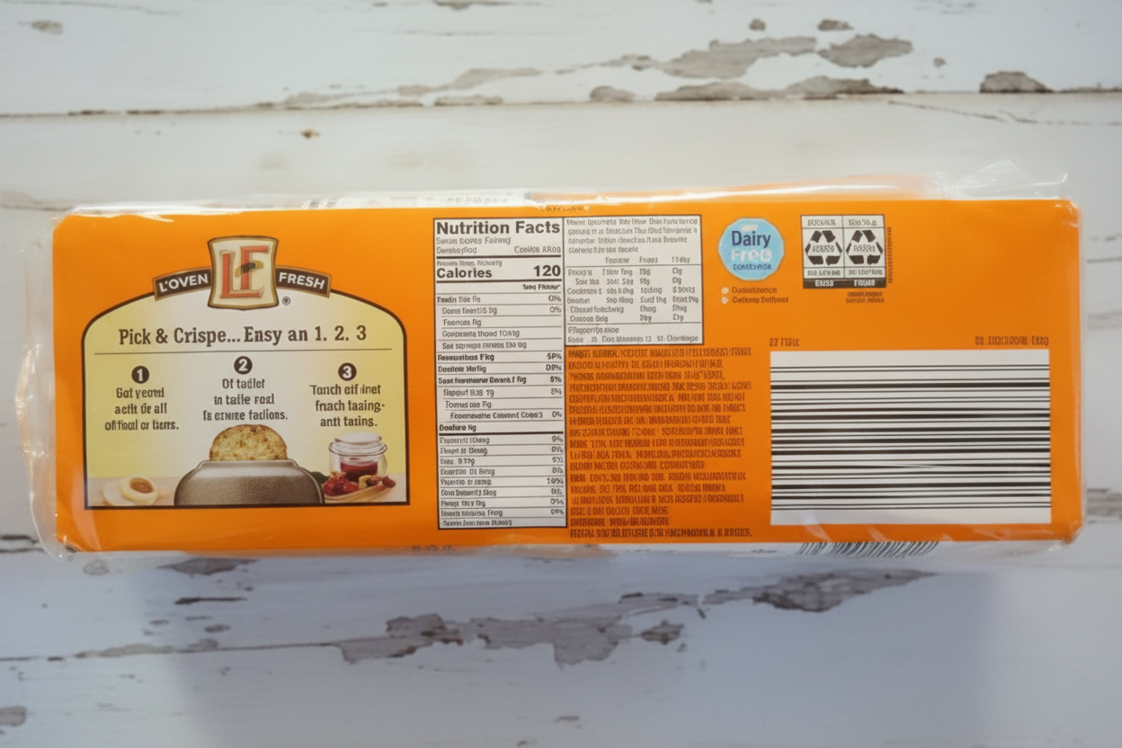L'oven Fresh Original English Muffins back panel with nutrition facts 120 calories, Pick Enjoy Eat 1-2-3 instructions, Dairy Free and Kosher badges