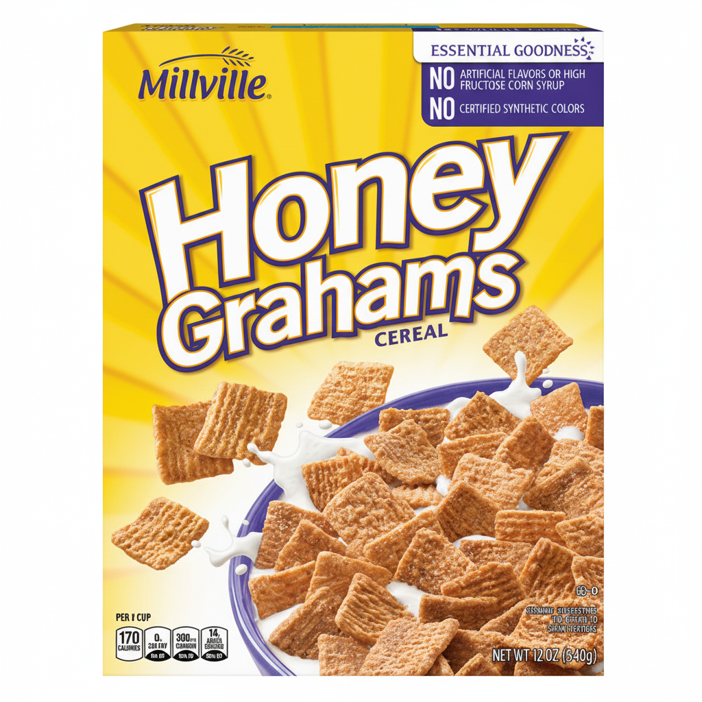 Millville Honey Grahams Cereal 12oz box front view with golden yellow background and cereal bowl