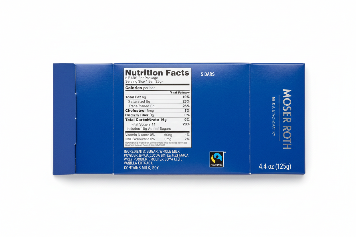 Moser Roth Milk Extra Creamy chocolate bar nutrition facts 140 calories 8g fat 11g sugars 2g protein per bar contains milk soy 5 bars per package