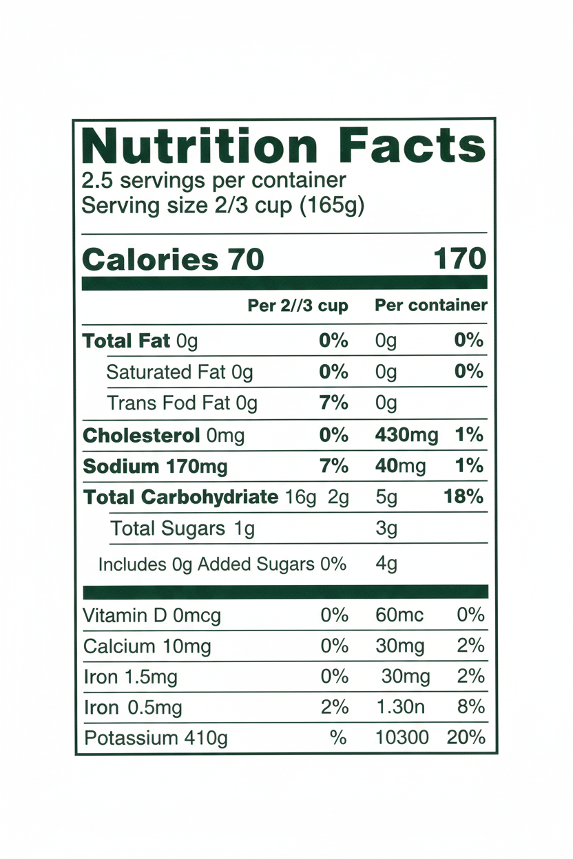 Happy Harvest Sliced Potatoes Nutrition Facts 70 Calories Per 2/3 Cup 2g Protein 2g Dietary Fiber 170mg Sodium