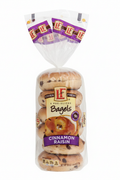 L'oven Fresh 6 Pre-Sliced Cinnamon Raisin Bagels 20oz clear bag with purple LF logo band, Cinnamon Raisin purple banner and 90 calories badge