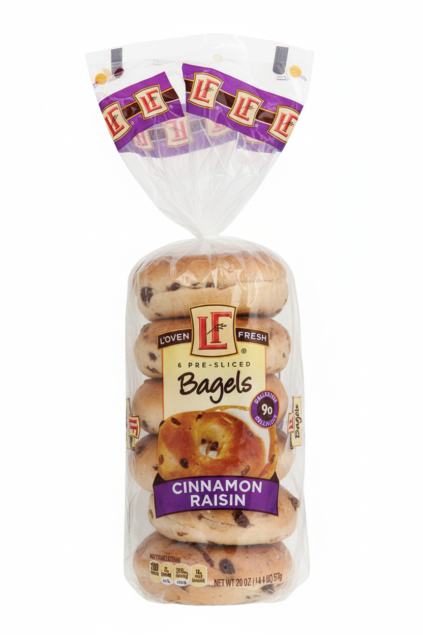 L'oven Fresh 6 Pre-Sliced Cinnamon Raisin Bagels 20oz clear bag with purple LF logo band, Cinnamon Raisin purple banner and 90 calories badge