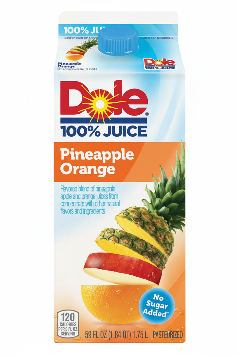 Dole 100% Juice Pineapple Orange 59 fl oz 1.75L carton no sugar added 120 calories per 8 fl oz pasteurized