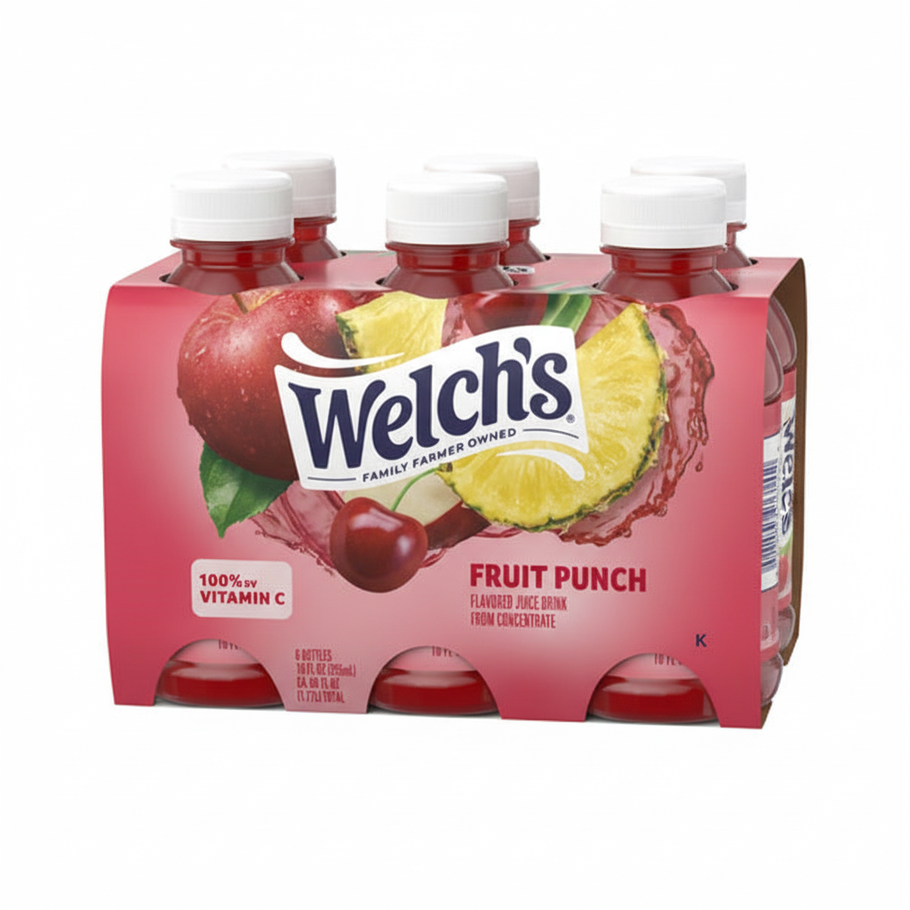 Welch's Fruit Punch flavored juice drink 6-pack 10 fl oz bottles 100% DV Vitamin C from concentrate apple pineapple cherry