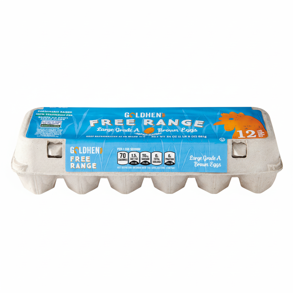 Goldhen Free Range Large Grade A Brown Eggs 12 count carton top view with bright blue panel, orange rooster and sustainably raised claims