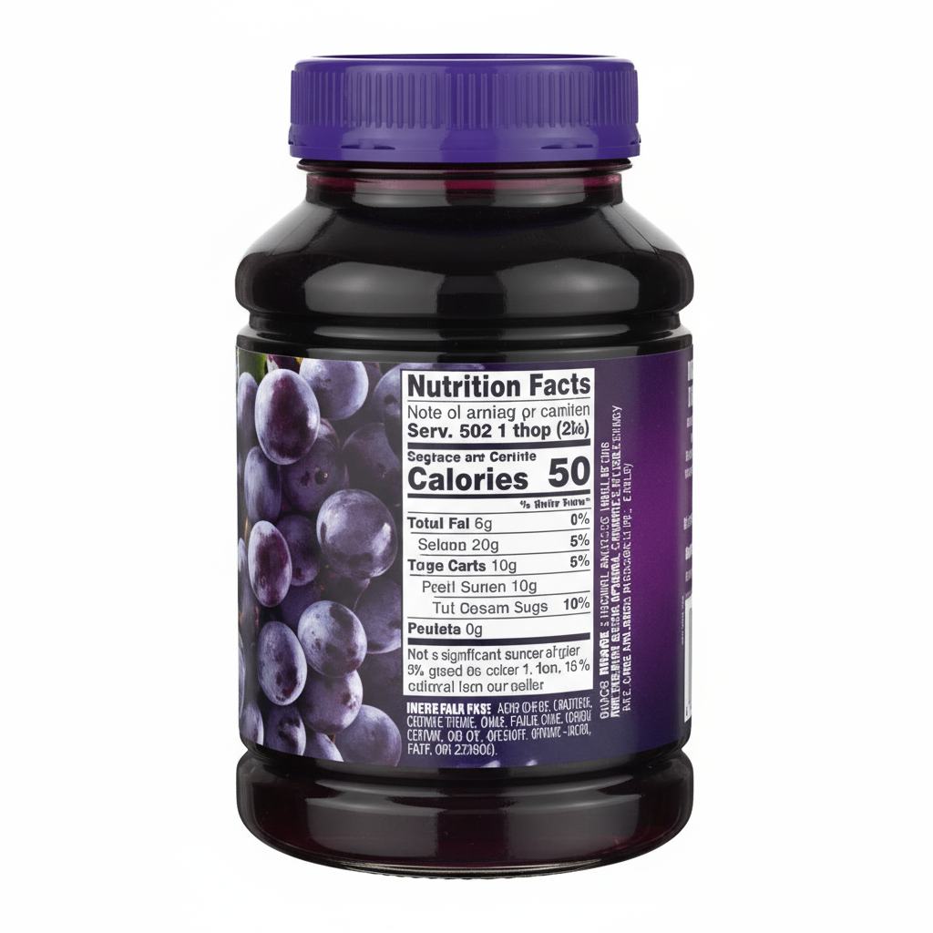 Berryhill Concord Grape Jelly 30oz jar side view with nutrition facts and 50 calories callout