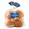 L'oven Fresh 8 Pre-Sliced Hamburger Buns 12oz clear bag with blue LF logo, 0g Trans Fat badge, No Artificial Flavors and 110 calories per bun
