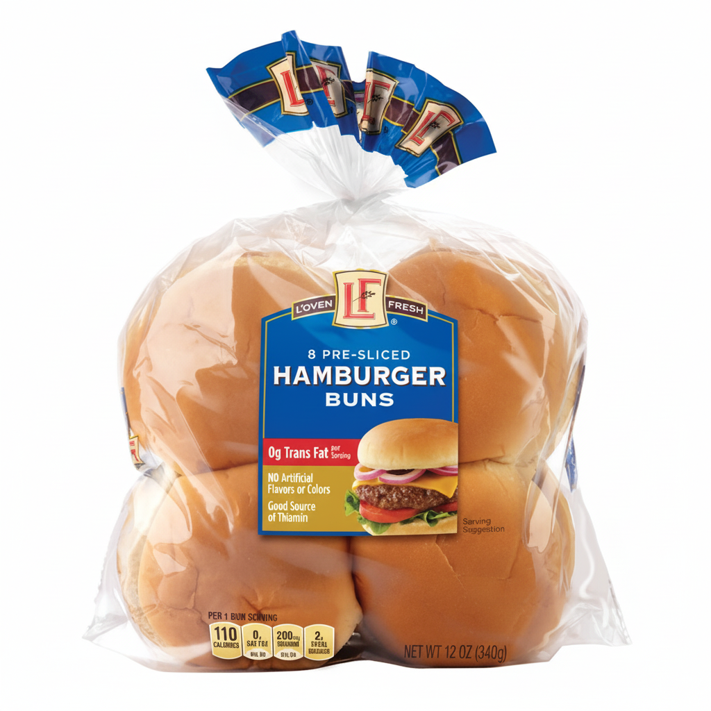 L'oven Fresh 8 Pre-Sliced Hamburger Buns 12oz clear bag with blue LF logo, 0g Trans Fat badge, No Artificial Flavors and 110 calories per bun