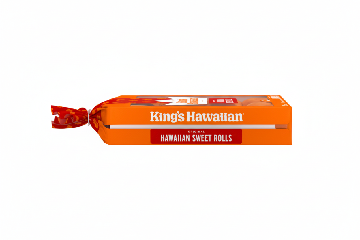 King's Hawaiian Original Hawaiian Sweet Rolls 12 count orange package side view with red floral twist-tie and Hawaiian Sweet Rolls banner