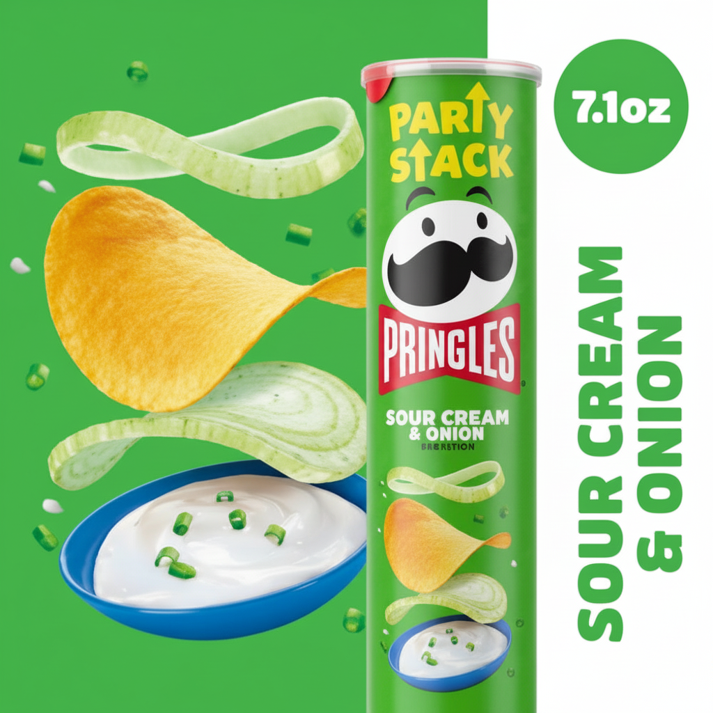Pringles Sour Cream and Onion Party Stack can with chips flying out on green background