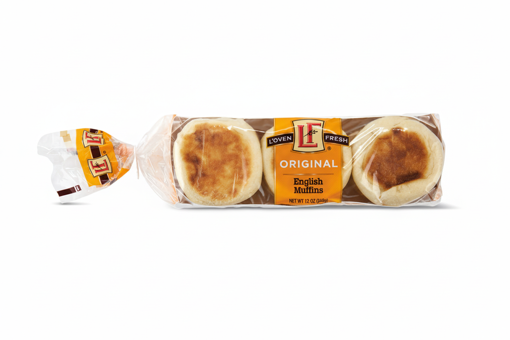 L'oven Fresh Original English Muffins 12oz clear bag with orange LF badge showing 6 golden-brown muffins in a row
