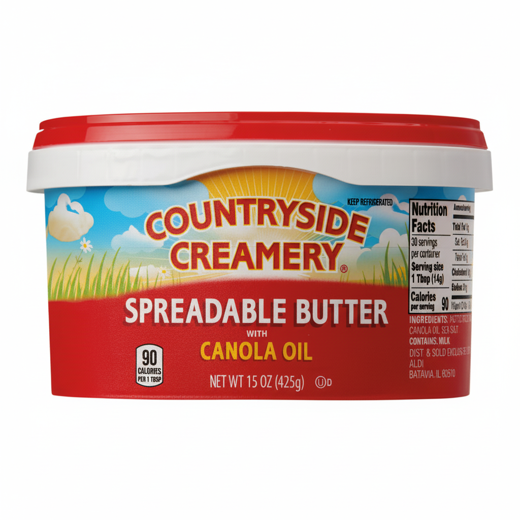 Countryside Creamery Spreadable Butter with Canola Oil 15oz red tub with yellow and blue sky label and 90 calories per tbsp badge