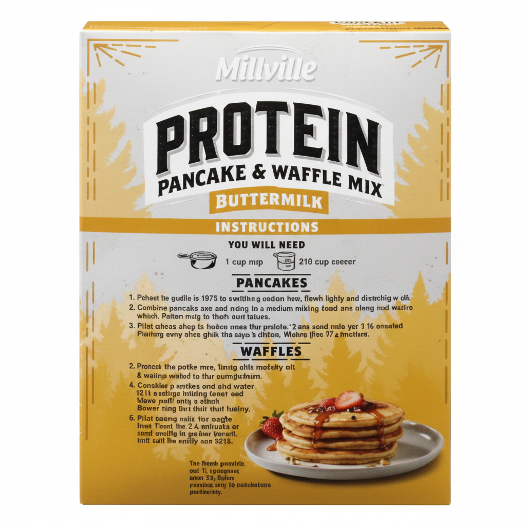 Millville Buttermilk Protein Pancake and Waffle Mix 20oz box back panel with pancake and waffle instructions