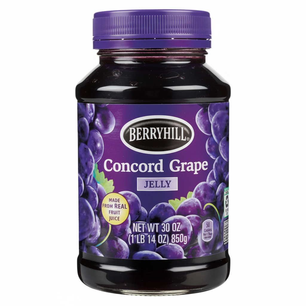 Berryhill Concord Grape Jelly 30oz jar front view with purple lid and grape cluster label