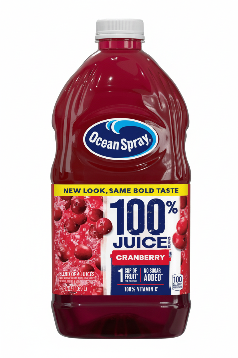 Ocean Spray 100% Juice Cranberry Juice Blend 64 fl oz no sugar added 1 cup of fruit 100% Vitamin C blend of 4 juices