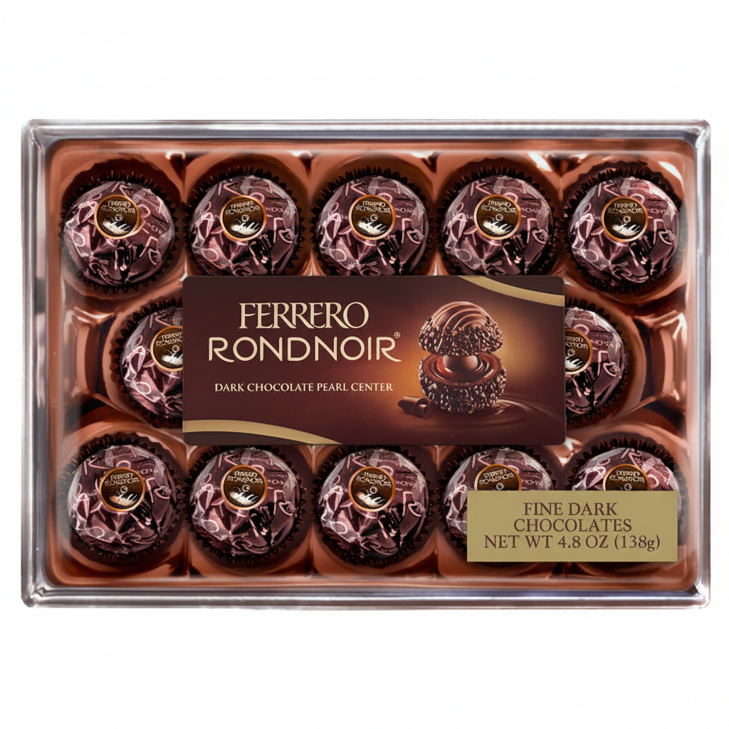 Ferrero Rondnoir Fine Dark Chocolates 14 count gift box 4.8 oz 138g dark chocolate pearl center clear lid top view
