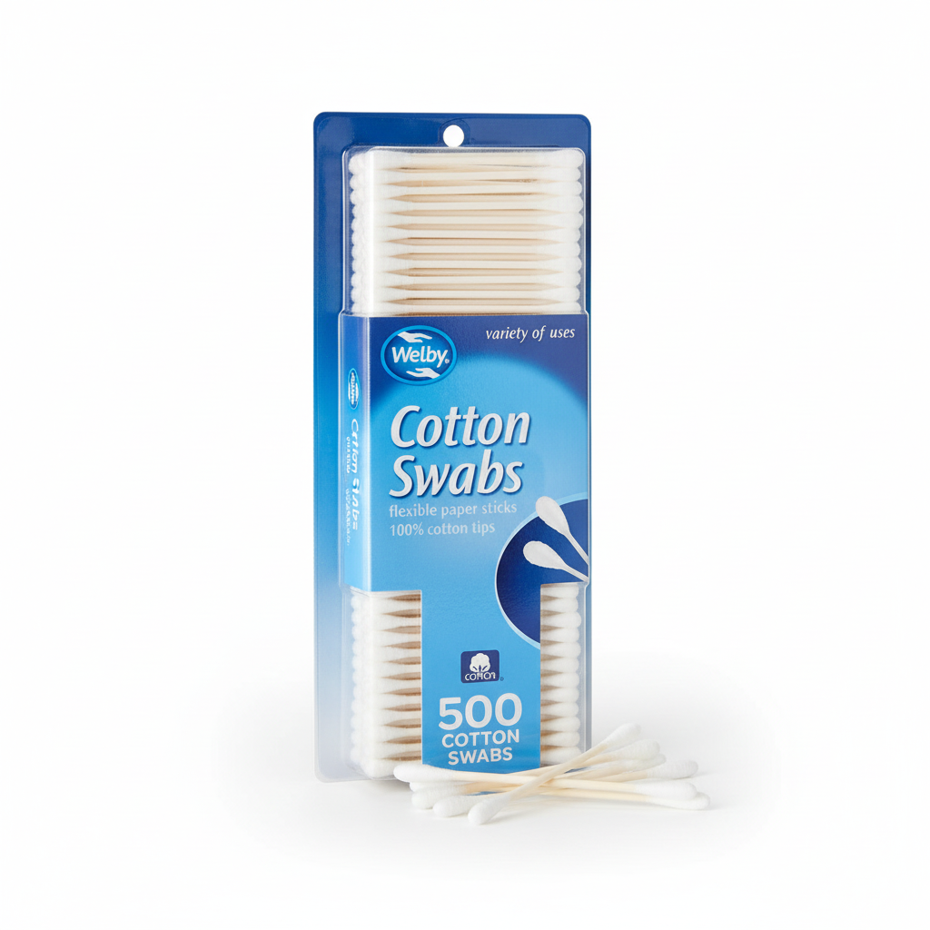 Welby Cotton Swabs 500-count light blue blister packaging studio shot