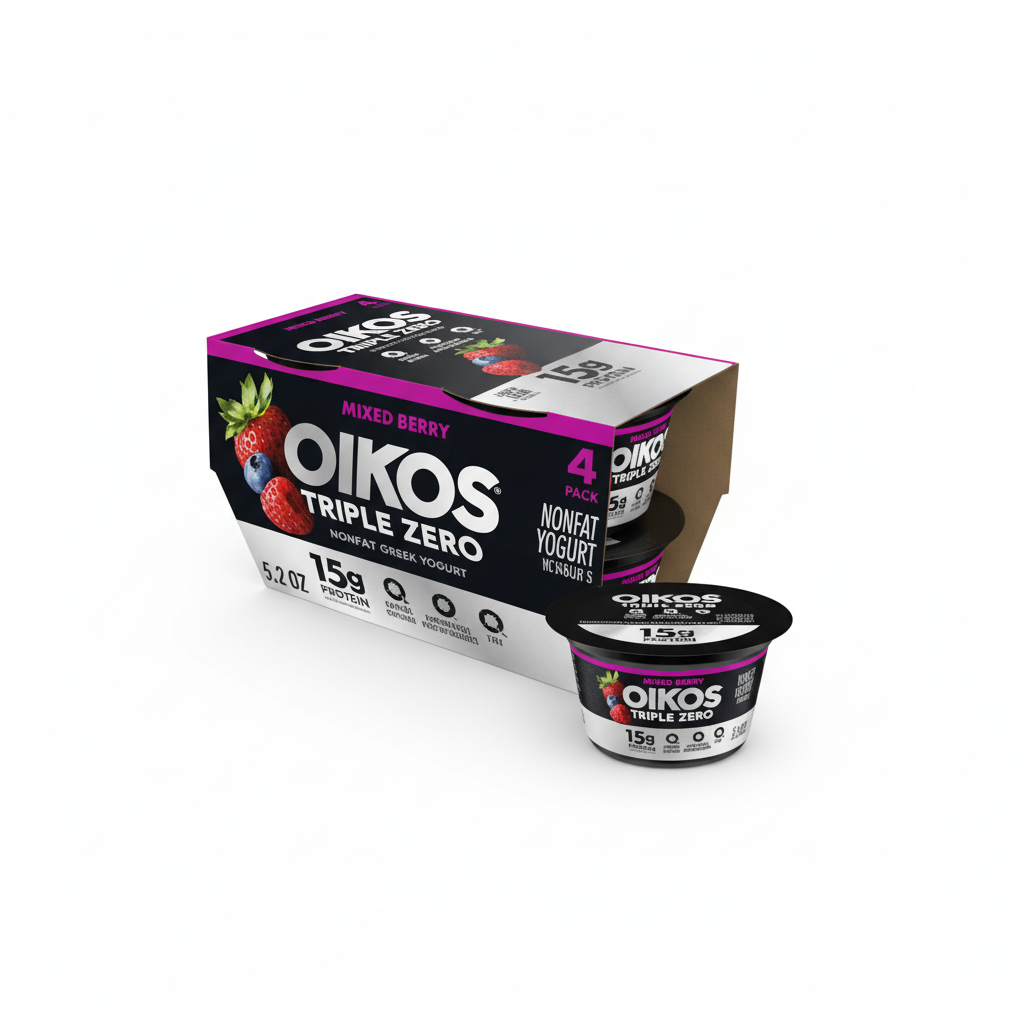 Oikos Triple Zero Mixed Berry Nonfat Greek Yogurt 4-pack 5.3oz multipack box comparison image