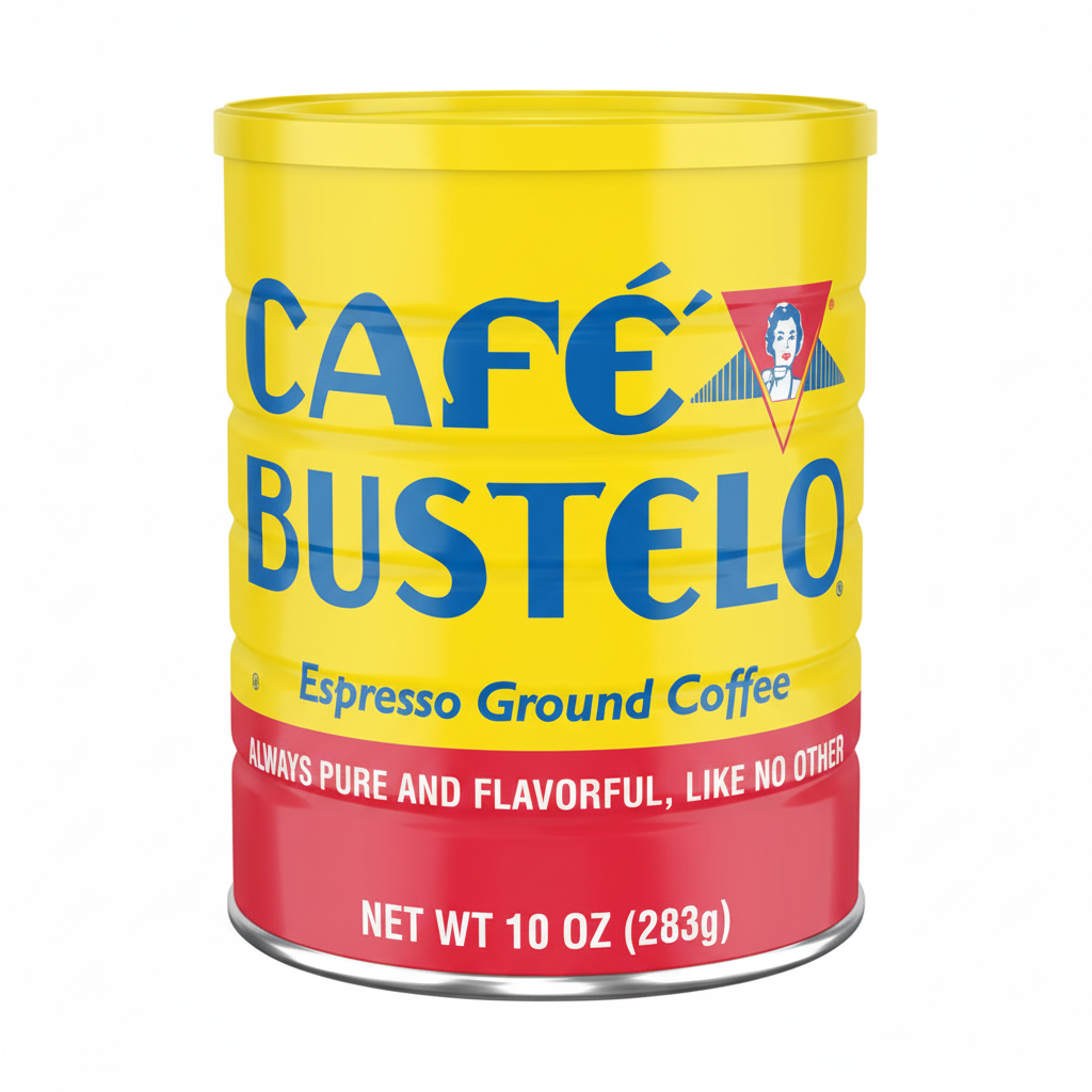 Café Bustelo Espresso Ground Coffee yellow and red tin can front view