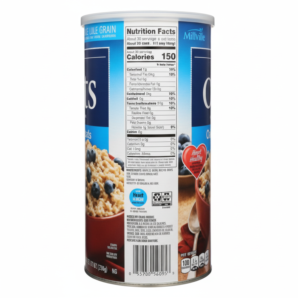 Millville Rolled Oats Quick Cook 42oz canister back view with nutrition facts and ingredients