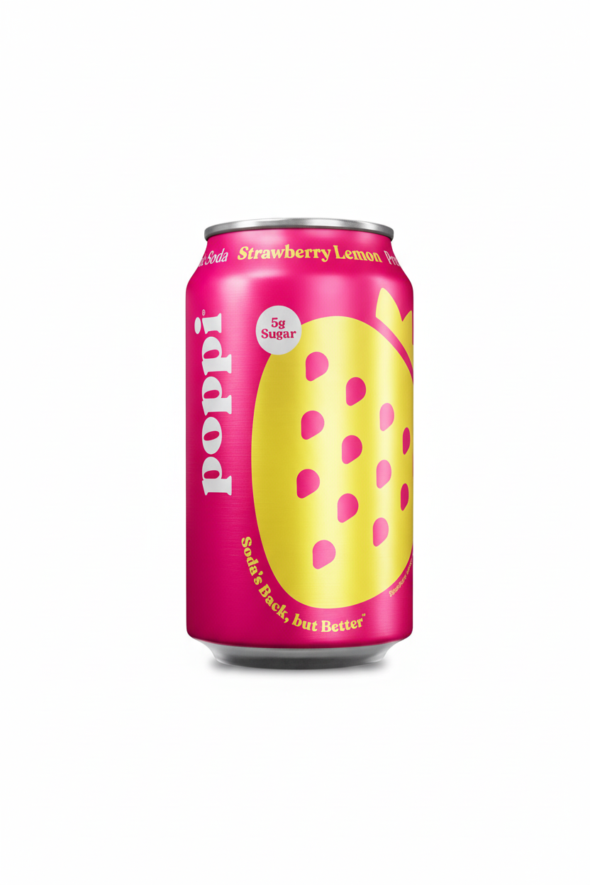Poppi Strawberry Lemon prebiotic soda 12 fl oz magenta pink can 5g sugar Soda's Back but Better