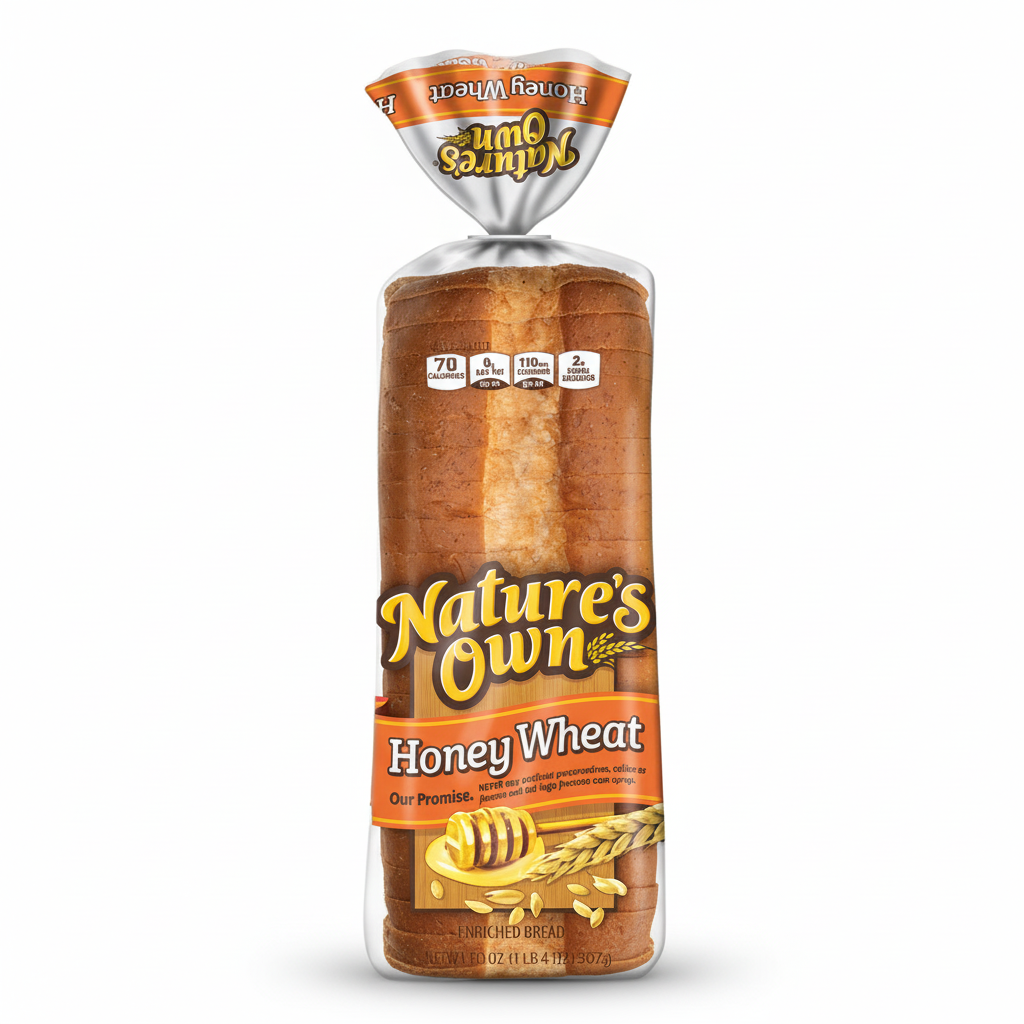 Nature's Own Honey Wheat Bread 20oz loaf in clear bag with orange Honey Wheat banner, honey dipper illustration and No HFCS promise