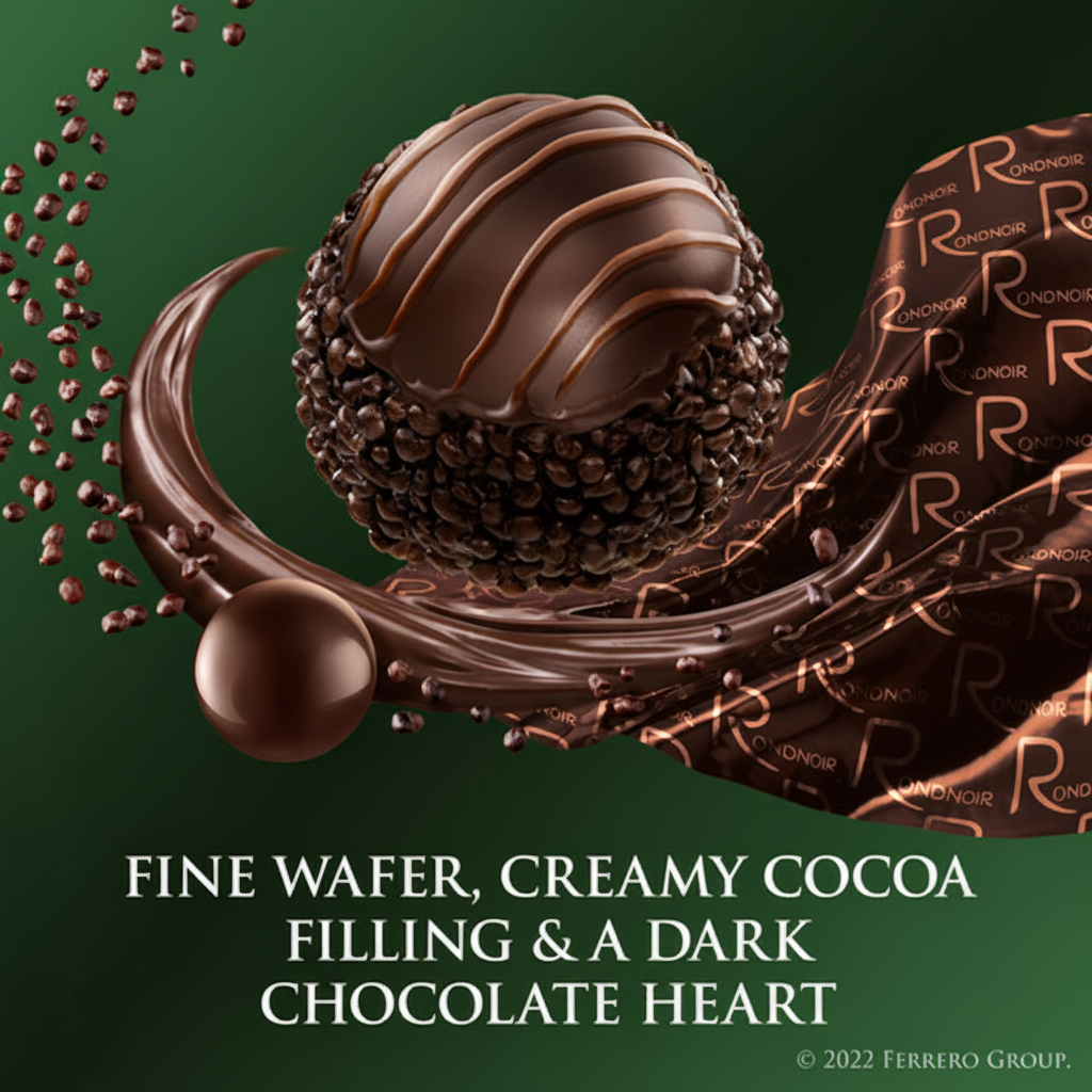 Ferrero Rondnoir fine wafer creamy cocoa filling and dark chocolate heart feature shot chocolate splash cocoa nibs burnt orange background