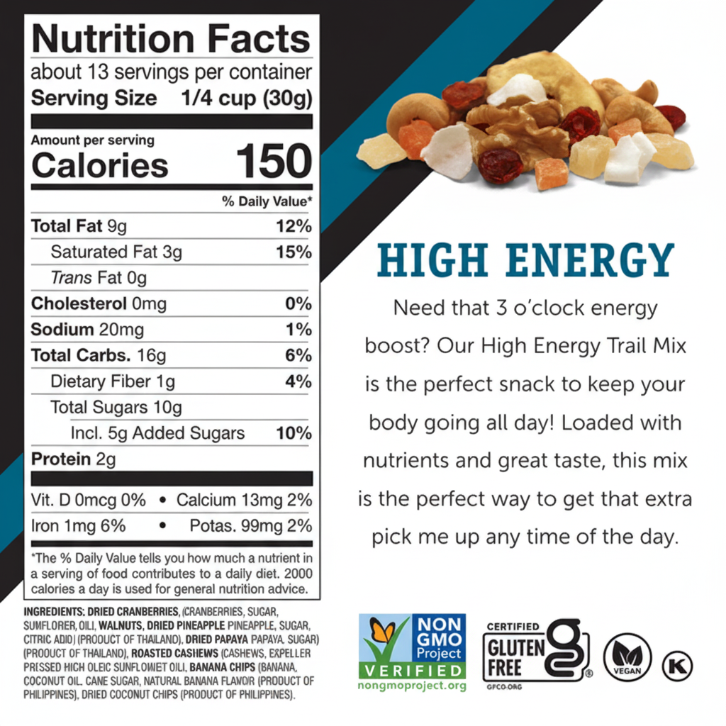 Power Up High Energy Trail Mix - Nutrition Facts 150 Calories Non-GMO Gluten Free Vegan Kosher