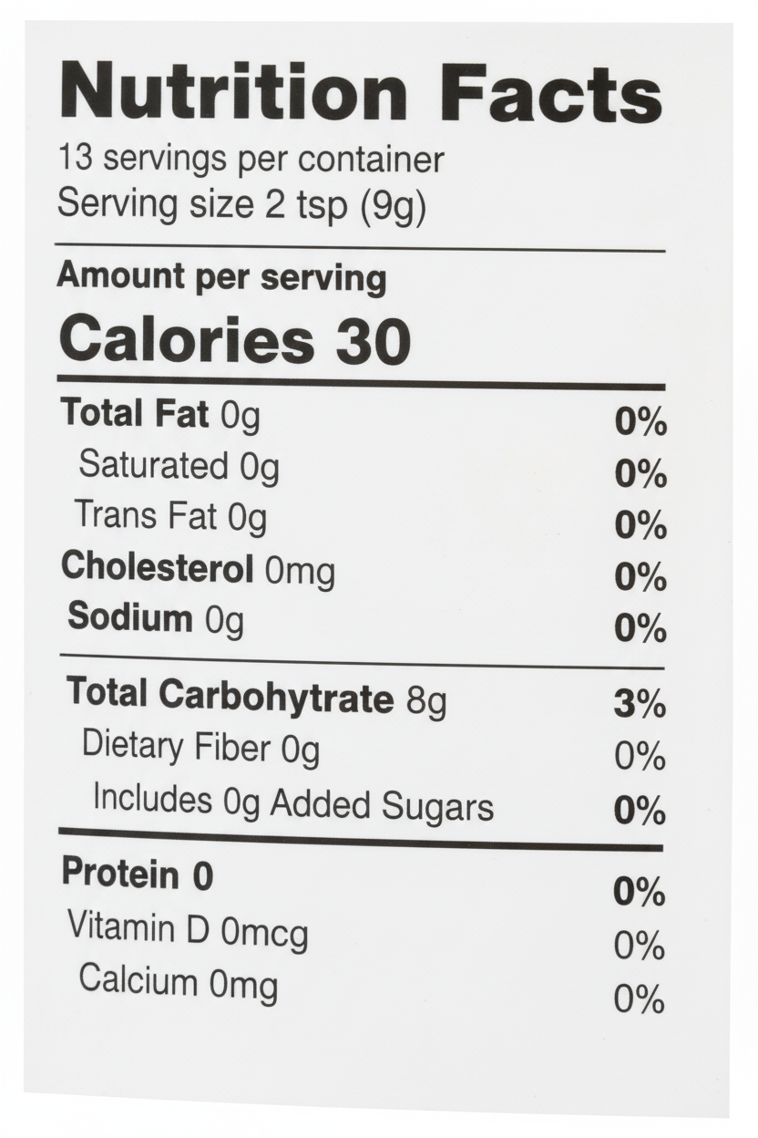 Simply Nature Organic Cane Sugar Nutrition Facts Panel 30 Calories Per 2 tsp Serving