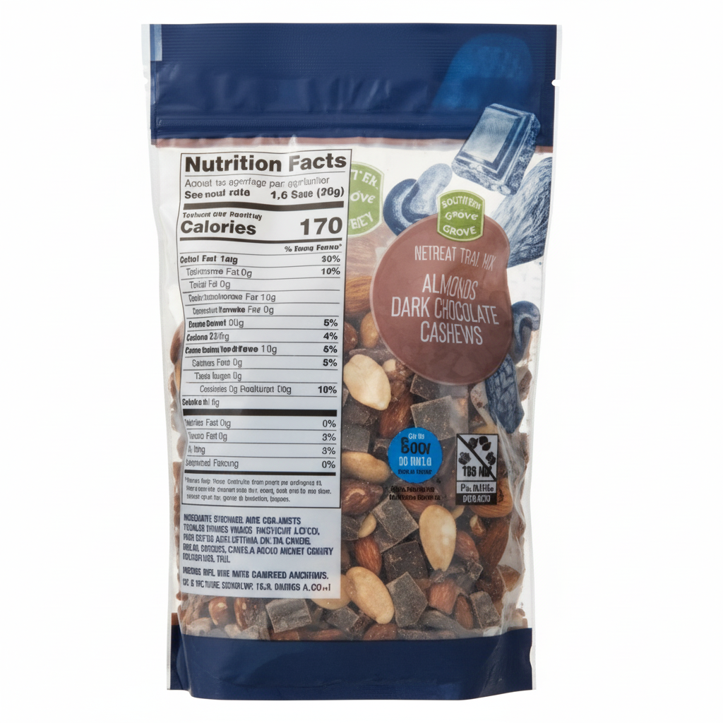Southern Grove Retreat Trail Mix 15oz - Nutrition Facts Back 170 Calories Per Serving