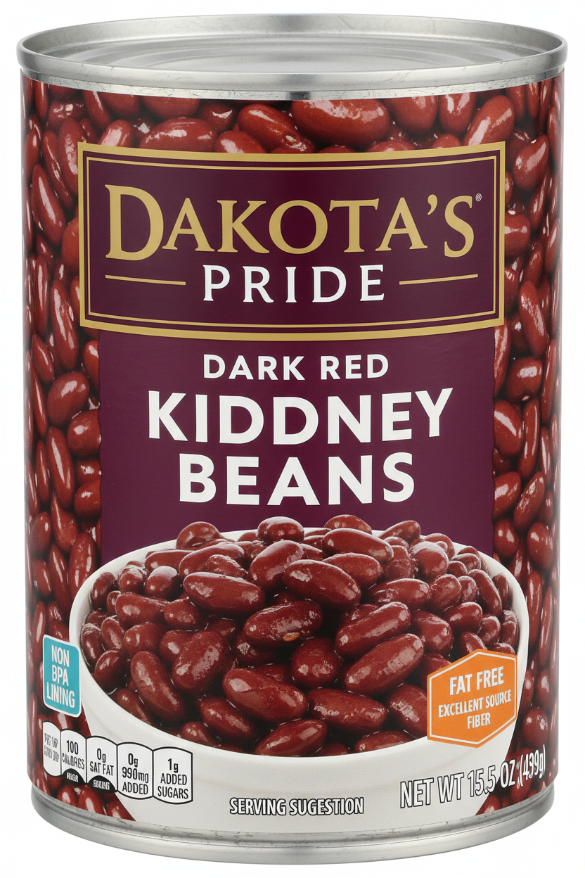 Dakota's Pride Dark Red Kidney Beans 15.5 oz Steel Can Purple Maroon Banner Gold Border Bowl Serving Suggestion Fat Free Excellent Source of Fiber Non BPA Lining